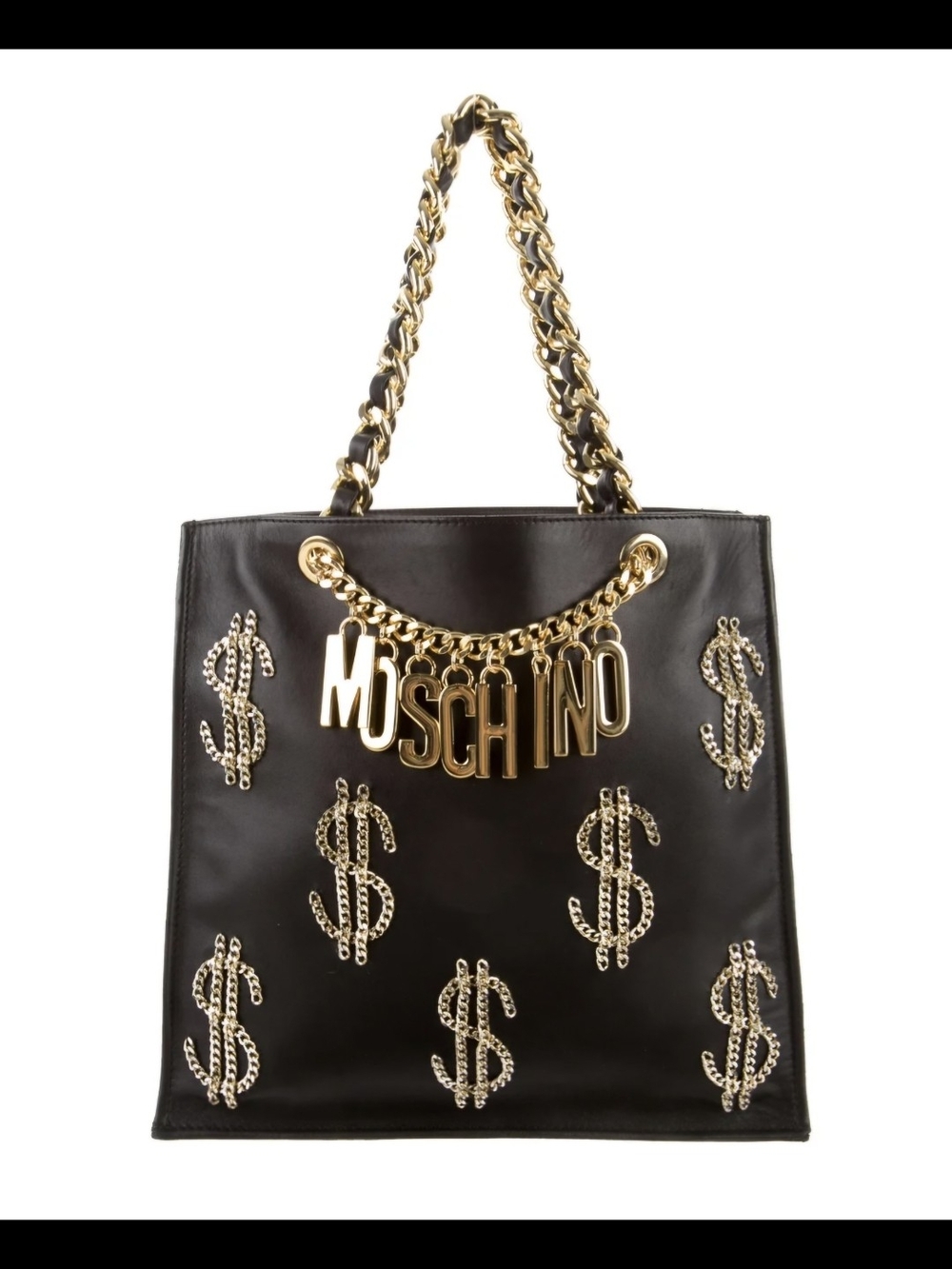 Moschino Rare Tote with Gold Logo Chain and Dollar-Sign Accents
